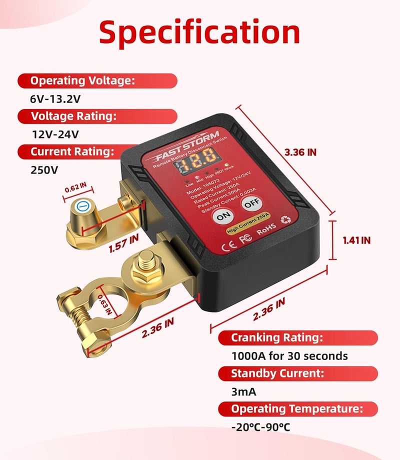 FASTSTORM 250A 12-24V Remote Battery Disconnect Switch with Extra Negative Battery Cable Led Voltage Display Car Anti Theft Kill Switch Automatic Battery Shut Off Switch - Image 5